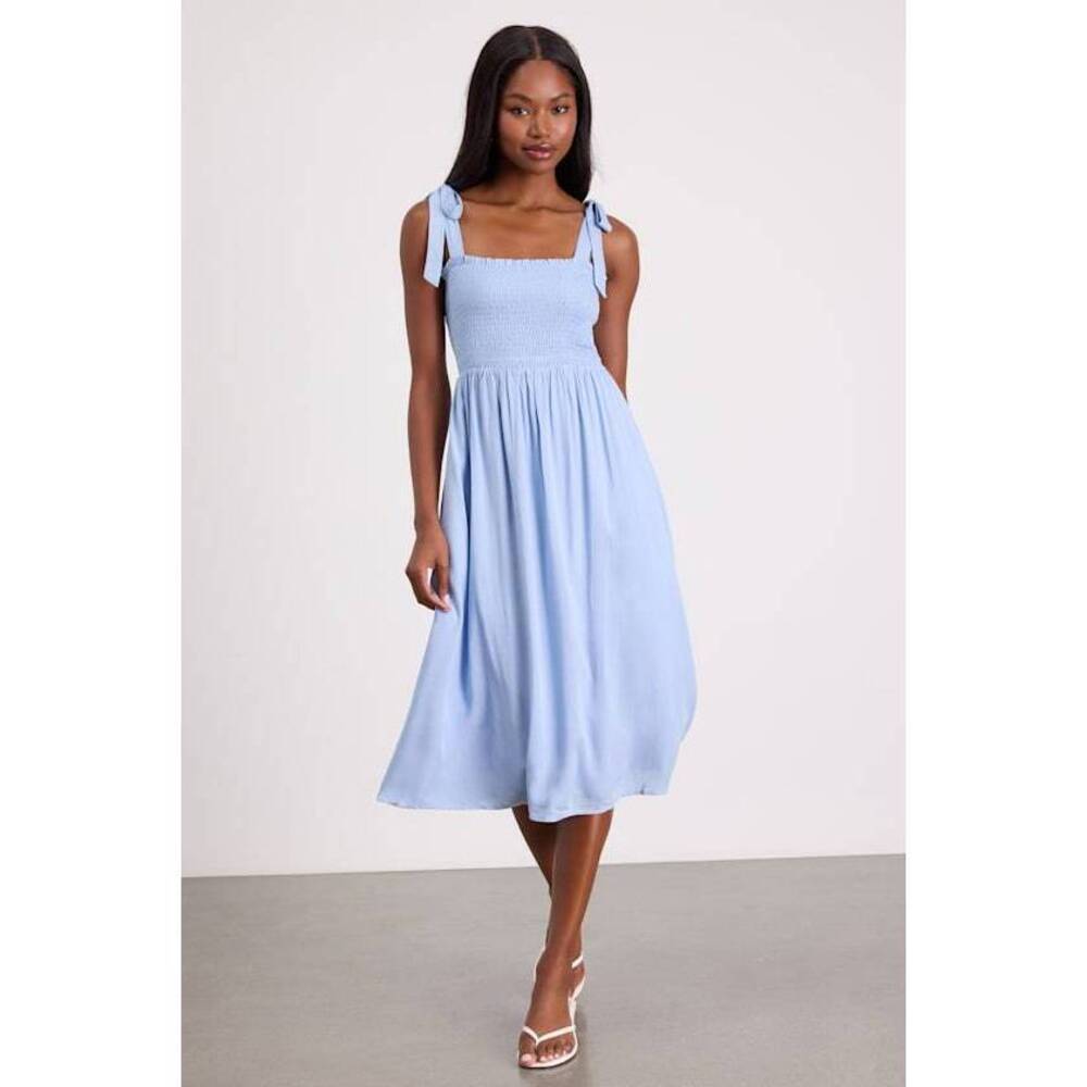 Lulus Looking Up Light Blue Smocked Tie-strap Midi Dress - Size S